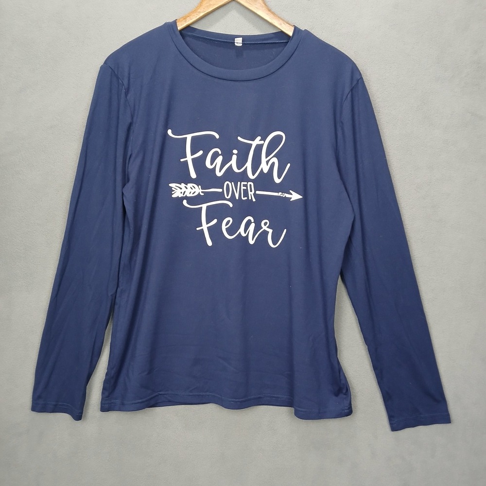 Faith Over Fear Christian Shirt Women Large Navy Blue Graphic Stretch Round Neck